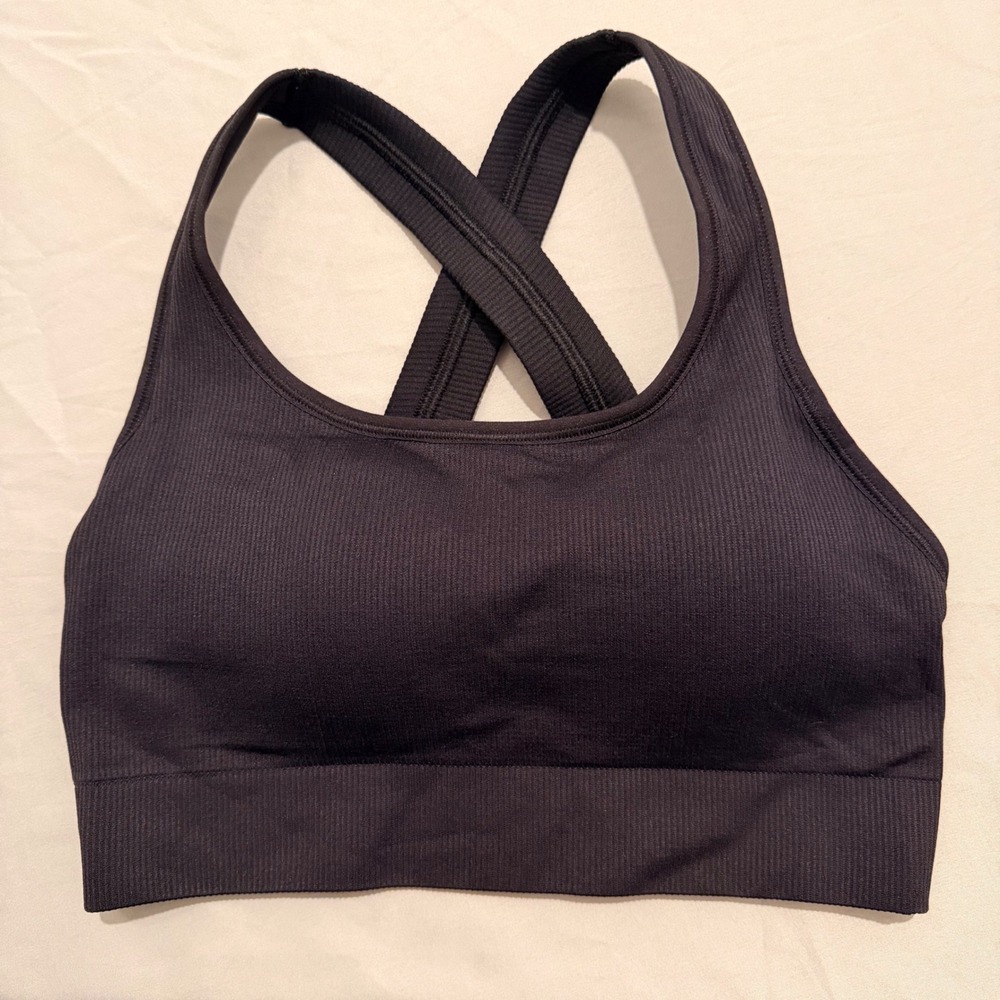Athleta Aurora Scoop Bra Black Ribbed Criss Cross Back Sports Bra Small